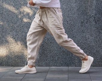 Herren Leinen Cargohose mit Seitentaschen, Sommerhose, Beige Loungehose, Arbeitshose, Geschenk für ihn, Strandhose, Yogahose