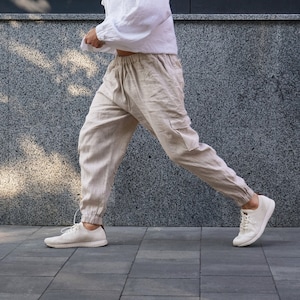 Mens linen cargo pants with side pockets, Summer pants, Beige lounge pants, Work trousers, Gift for him, Beach pants, Yoga pants zdjęcie 1