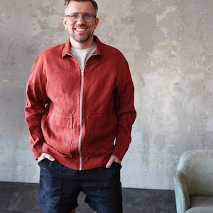 Giubbotto bomber in lino da uomo, Cardigan estivo, Giubbotto bomber, Giubbotto bomber color terracotta, Regalo per lui, Giacca in lino, Cappotto in lino