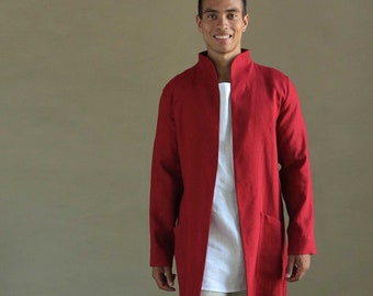 Trench jacket men, Linen coat for man, Spring jacket, Linen Red Cardigan, Wedding jacket, Gift for him, Handmade jacket, Sustainable fashion