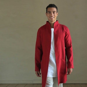 Trench jacket men, Linen coat for man, Spring jacket, Linen Red Cardigan, Wedding jacket, Gift for him, Handmade jacket, Sustainable fashion