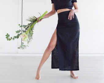 Maxi linen skirt, Long skirt, Black organic skirt, Summer skirt, Boho Gift for her, Skirt with slits, Linen dress, Handmade linen clothes