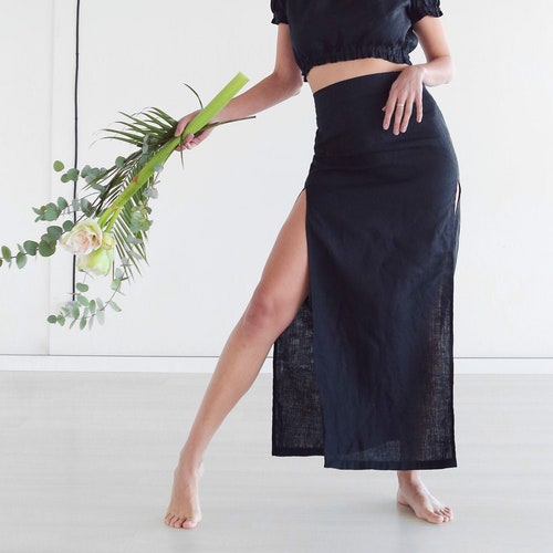 Maxi linen skirt, Long skirt, Black organic skirt, Summer skirt, Boho Gift for her, Skirt with slits, Linen dress, Handmade linen clothes