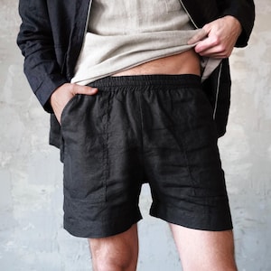 Pantalones cortos de lino para hombre, pantalones cortos básicos, pantalones cortos de lino, pantalones cortos para hombre, ropa orgánica para hombre, pantalones cortos negros informales