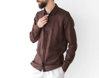 Chemise en lin pour homme, Chemise pour homme, Chemise habillée, Chemise marron, Cadeau pour lui, Chemise de plage, Chemise en lin de mariage, Chemise à col italien