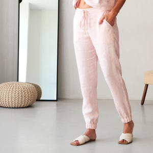 Women’s Linen Jogger Pants NARA in Light Pink, Elastic Ankle Cuffs, Drawstring Waist