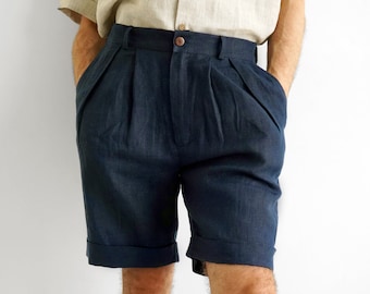 Short en lin pour homme avec plis, Short plissé, Short pour homme, Short d'été, Short bleu foncé, Vêtements bio pour homme, Short en lin