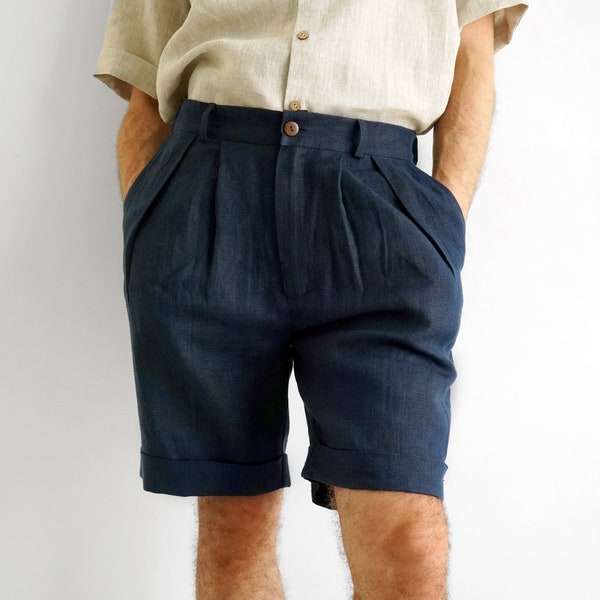 Pantaloncini di lino da uomo con pieghe, pantaloncini plissettati, pantaloncini da uomo, pantaloncini estivi, pantaloncini di colore blu scuro, vestiti organici da uomo, pantaloncini di lino