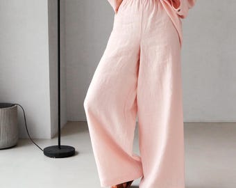 Wide-leg linen pants, Loose linen pants for woman, High-waisted pants