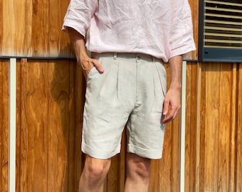 Mens linen shorts with Pleats, Pleated shorts, Shorts for men, Summer shorts, Beige color shorts, Mans organic clothes, Flax shorts