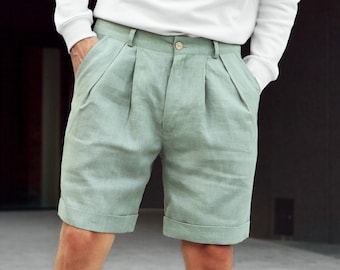 Heren linnen shorts met plooien, geplooide shorts, shorts voor mannen, zomershorts, olijfkleurige shorts, biologische herenkleding, vlasshorts