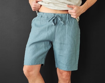 Herren Leinenshorts, Blaugraue Shorts mit Taschen, Shorts für Männer, Sommershorts, Stylische Bio-Kleidung, braune Shorts, Geschenk für ihn