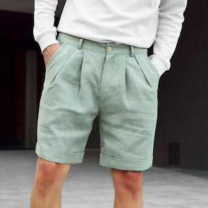 Mens linen shorts with Pleats, Pleated shorts, Shorts for men, Summer shorts, Olive color shorts, Mans organic clothes, Flax shorts