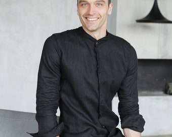 Mens linen shirt, Black, Shirt for men, Dress shirt, Spring- Summer, Flax t-shirt, Gift for him, Beach shirt, Wedding shirt