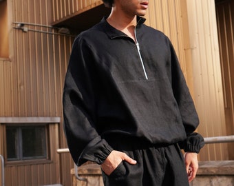 Mens linen oversized sweatshirt, Drop shoulder t-shirt, Long sleeve sweatshirt