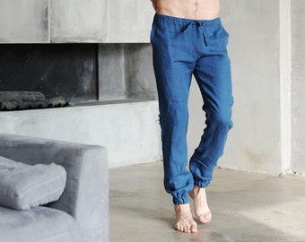 Mens linen pants, Lounge pants, Linen trousers, Summer pants, Blue pants, Flax pants, Beach pants, drop crotch pants, yoga pants