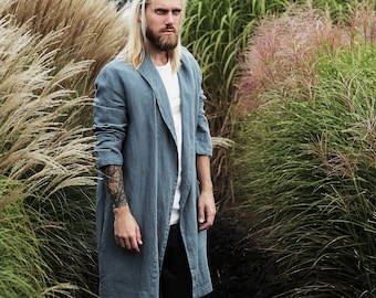 Linen robe, Natural loungewear, Blue grey kimono men, Hooded robe, Handmade cardigan, Linen coat, Linen loungewear, Flax robe, Spa robe