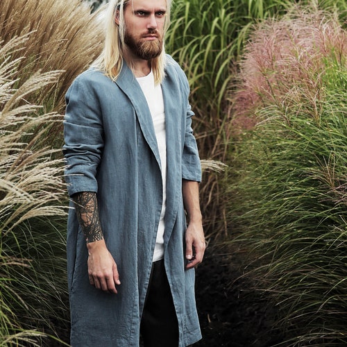 Linen Robe Natural Loungewear Blue Grey Kimono Men Hooded | Etsy