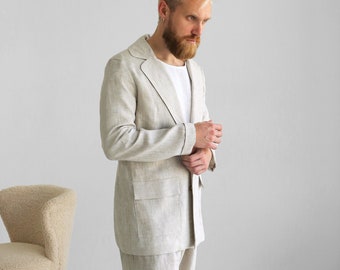 Linen mens jacket, Men's flax Blazer, Beige cardigan for men, Linen cardigan, Jacket for man, Linen coat, Wedding jacket, Gift for him,