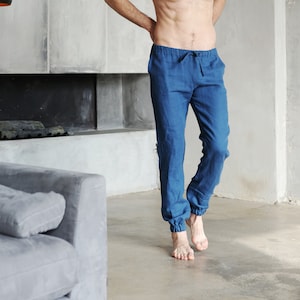 Mens linen pants, Lounge pants, Linen trousers, Summer pants, Blue pants, Flax pants, Beach pants, drop crotch pants, yoga pants