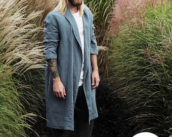 Mens Linen Bathrobe Jacket JUNIPER in Blue grey, Kimono Men, Handmade Cardigan, Linen Coat, Linen Loungewear, Flax Robe, Spa Robe