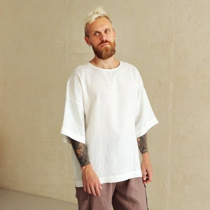 Mens linen t-shirt, Oversize t-shirt, Wide sleeve t-shirt, Shirt for men, Relaxed Mens Cream t-shirt Gift for him, Beach linen shirt zdjęcie 2