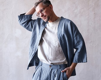 Mens Linen Kimono Jacket, Matshu Kimono, Linen cardigan, Gift for him, Linen outfit