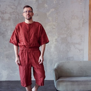 Mono de lino para hombre, Mono para hombre, Mono para hombre, Mono terracota, Regalo para él, Mono de lino natural, Mono de lino