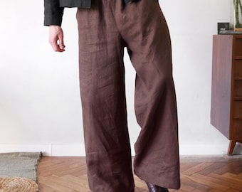 Men’s Linen Wide-Leg Pants WEIGELA in Brown | Elastic-Waist Trousers