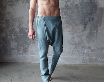 Natural mens linen baggy pants, Blue grey lounge pants, Mens trousers, Pants for men, Mens Clothing, flax pants, Yoga pants, Summer pants