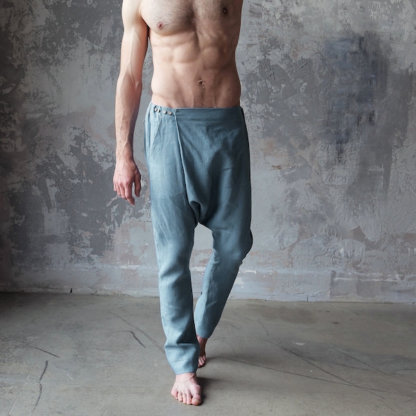 Natural mens linen baggy pants, Blue grey lounge pants, Mens trousers, Pants for men, Mens Clothing, flax pants, Yoga pants, Summer pants