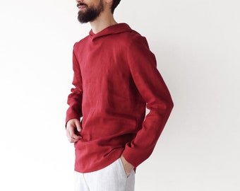 Mens linen hoodie, Summer hoodie, Linen t-shirt, Shirt for men, Red color shirt, Flax hoodie, Gift for him, Beach shirt, Linen style