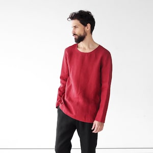 Mens linen t-shirt, Long sleeve, Shirt for men, Mans relax shirt, Simple shirt, Red shirt, Beach linen shirt, Flax shirt, Gift for him