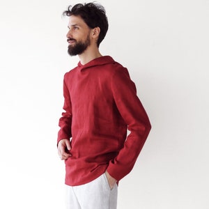 メンズリネンパーカー、サマーパーカー、リネンTシャツ、メンズシャツ、レッドカラーシャツ、フラックスパーカー、彼へのギフト、ビーチシャツ、リネンスタイル