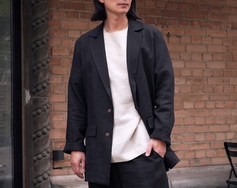 Leinen Herrenjacke, Herren Flachs Blazer, schwarze Strickjacke für Männer, Leinen-Strickjacke, Jacke für Männer, Leinenmantel, Hochzeitsjacke, Geschenk für ihn,