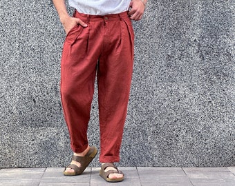 Mens linen pants with pleats, Terracotta linen joggers, Mens trousers, Loose fit pants, Baggy pants