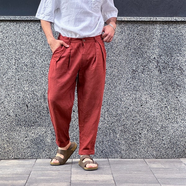 Mens linen pants with pleats, Terracotta linen joggers, Mens trousers, Loose fit pants, Baggy pants