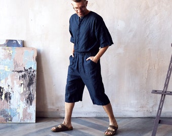 Mens linen jumpsuit, Mens overall, Mens romper, Jumpsuit for men, Blue coveralls, Gift for him, Natural linen jumpsuit, Linen romper