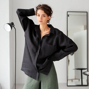 Womens oversized linen shirt, Wide sleeve shirt, Dress shirt, Black color shirt, Loose linen shirt