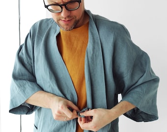 Mens linen kimono, Natural loungewear, Blue grey kimono men, Handmade cardigan, Linen coat, Linen loungewear, Flax robe, Spa robe