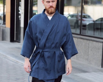 Mens linen kimono, Navy blue kimono men, Handmade cardigan, Linen coat, Linen loungewear, Flax robe, Spa robe