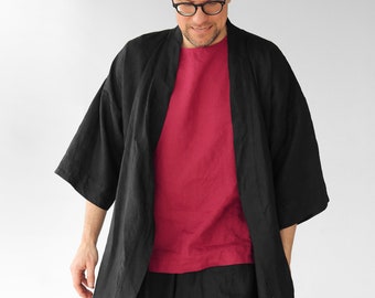 Mens linen kimono, Black kimono men, Handmade cardigan, Linen coat, Linen loungewear, Flax robe, Spa robe