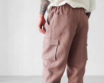 Mens linen cargo pants with side pockets,  Summer pants, Latte lounge pants, Work trousers, Gift for him, Beach pants, Yoga pants