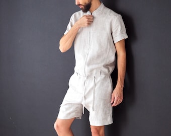 Mens linen jumpsuit, Mens overall, Mens romper, Jumpsuit for men, Black coveralls, Gift for him, Natural linen jumpsuit, Linen romper