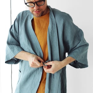 Mens linen kimono, Natural loungewear, Blue grey kimono men, Handmade cardigan, Linen coat, Linen loungewear, Flax robe, Spa robe