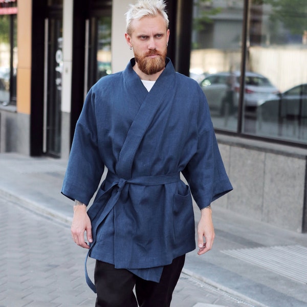 Herren Leinen Kimono, Marineblau Kimono Männer, Handgefertigte Strickjacke, Leinen Mantel, Leinen Loungewear, Flachs Robe, Spa Robe