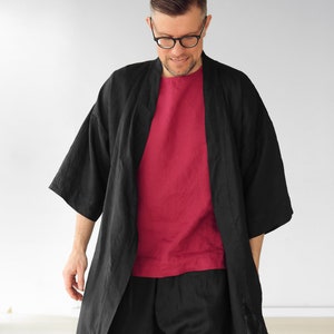 Mens linen kimono, Black kimono men, Handmade cardigan, Linen coat, Linen loungewear, Flax robe, Spa robe