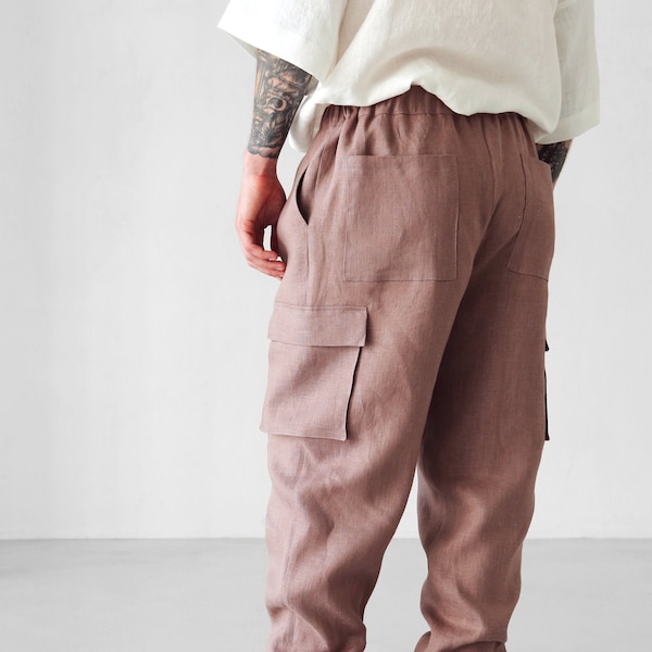 Mens linen cargo pants with side pockets,  Summer pants, Latte lounge pants, Work trousers, Gift for him, Beach pants, Yoga pants