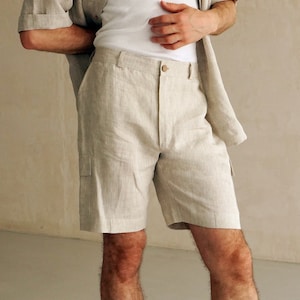 Mens linen cargo shorts with side pockets, Shorts for men, Summer shorts, Beige color shorts, Flax shorts