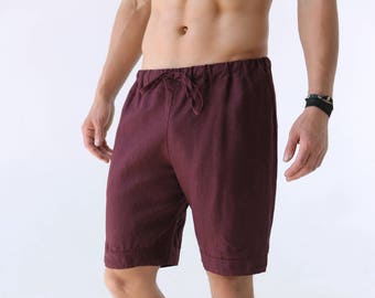 Mens linen shorts, Shorts with pockets, Shorts for men, Summer shorts, Stylish organic clothes, Burgundy shorts, Gift for him